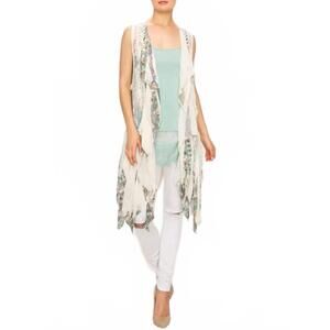 NEW ORIGAMI chiffon layered crochet vest in white/aqua